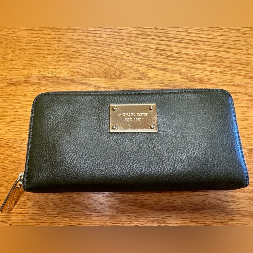 Michael Kors Olive Leather Wallet with Gold Accents